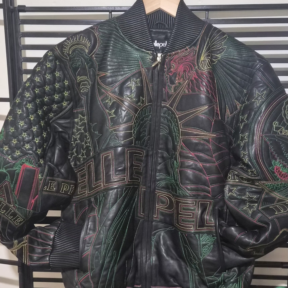 Pelle Pelle Black Leather Embroidered Multicolor Bomber Jacket